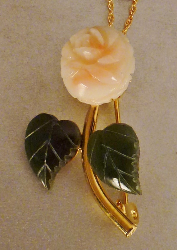 Asian JADE CORA,L Brooch  PENDANT, Rose Flower,  1