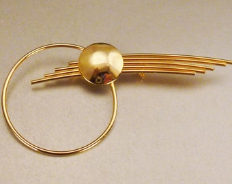 Moderne brooch, SHOOTING STAR BROOCH, goldtone moderne pin, mid century modern, 3 1/2 X 1 3/4 , great condition