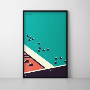 May include: Abstract geometric art print with a teal blue background, a white and cream coloured diagonal stripe, and a red and cream coloured section. The print features black squares scattered across the teal blue background.