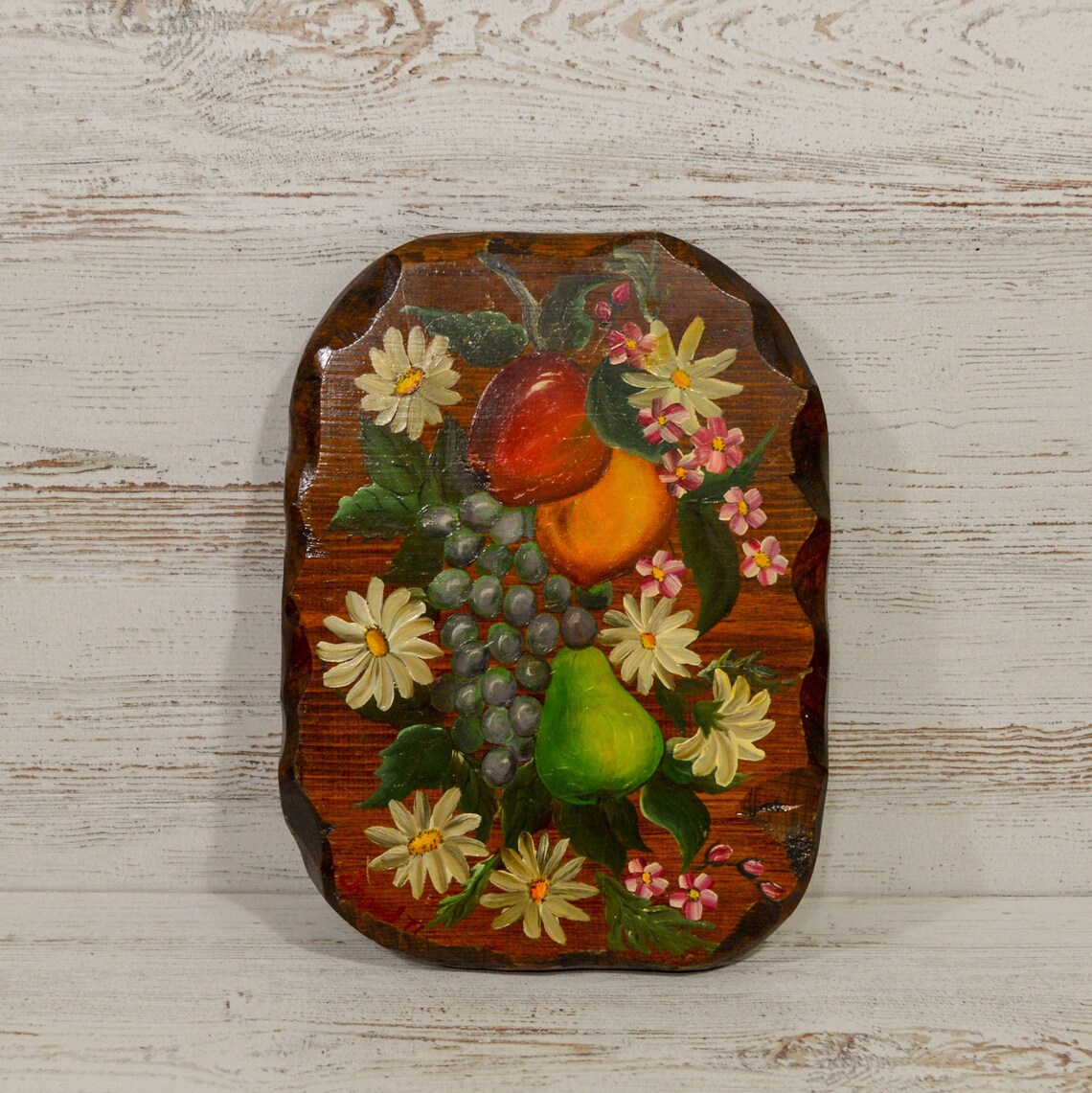 Vintage Hand Painted Wooden Plaque With Fruit & Flowers With Etsy UK