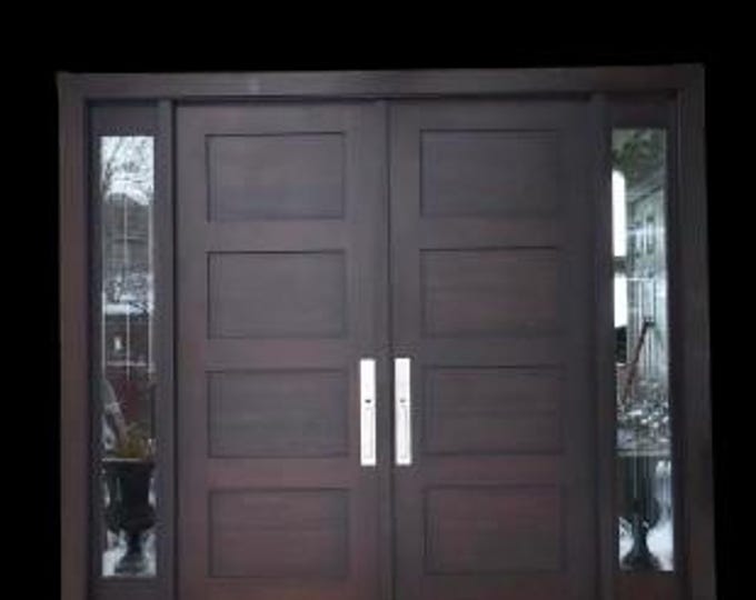 Custom Hand Made Double Entrance Exterior Door Solid Wood with Sidelights Clear Glass