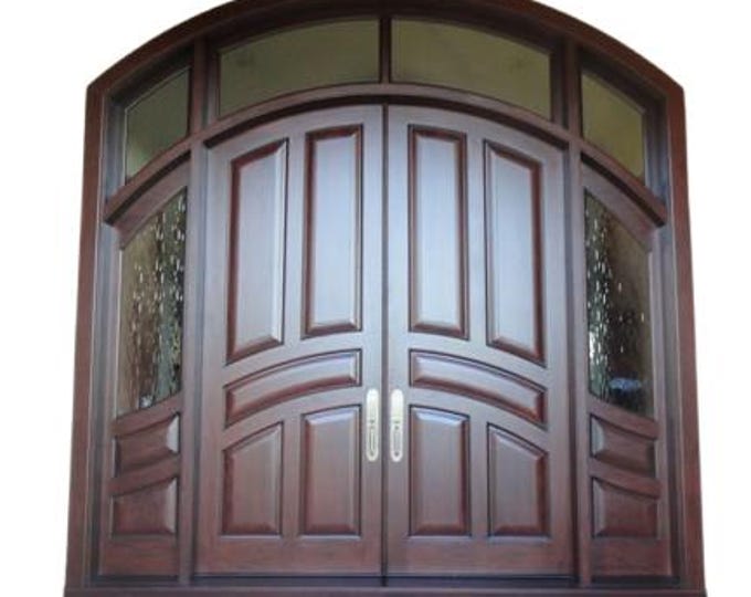 Custom Hand Made Double Entrance Exterior Door Arched Solid Wood with Transom and Sidelights