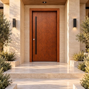 May include: A tall, rectangular wooden door with vertical slats and a long, thin black vertical handle. The door is set within a light-colored stone entryway, flanked by two rectangular wall-mounted lights and small green shrubs.