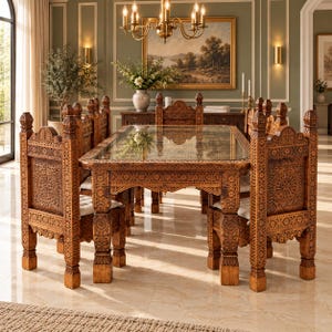 May include: A rectangular dining table with a glass top and six matching chairs, all crafted from medium-brown wood featuring intricate, dense floral and geometric carvings on the legs, backrests, and apron, paired with white seat cushions.