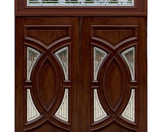 Custom Oak Wood Double Door with Stained Glass Transom