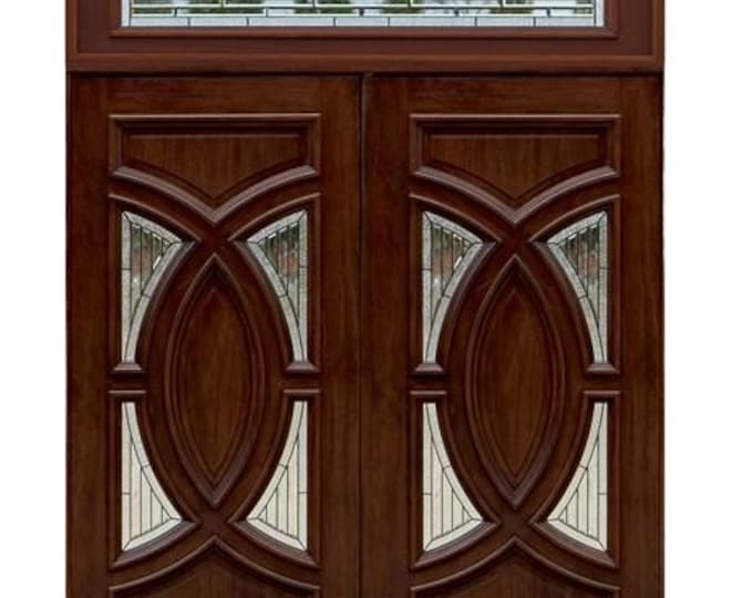 Custom Hand Made Double Entrance Exterior Door Solid Wood with Straight Pattern Stained Glass Transom Design
