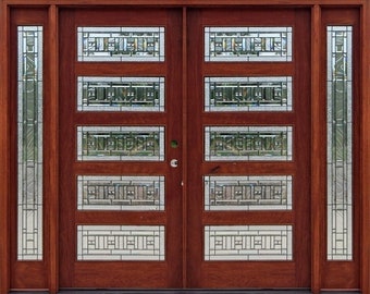 Custom Solid Oak Double Entry Door Sidelights | Decorative Stained Leaded Glass Pre-Hung (DDP Shipping USA)