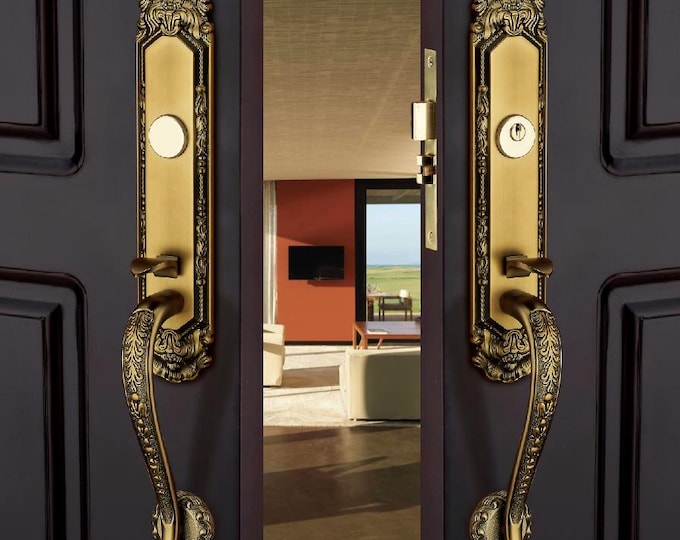 Heritage Artistic Double Door Handles and Lock Set Bronze, Golden, Silver