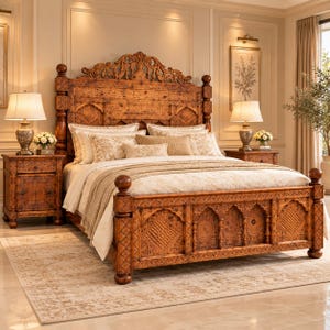 May include: A large wooden bed frame with intricate hand-carved details on the headboard and footboard. The bed is dressed in cream-colored bedding with matching pillows. Two wooden nightstands with lamps sit on either side of the bed.