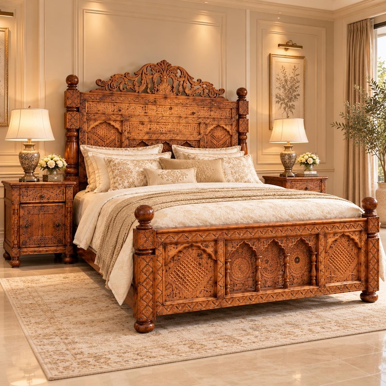 May include: A large wooden bed frame with intricate hand-carved details on the headboard and footboard. The bed is dressed in cream-colored bedding with matching pillows. Two wooden nightstands with lamps sit on either side of the bed.