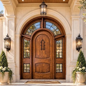 May include: An arched wooden front door with a dark brown finish, featuring a central iron accent, vertical panels, and side glass panels with black grid frames. A matching arched transom window sits above, flanked by two black wall-mounted lanterns.