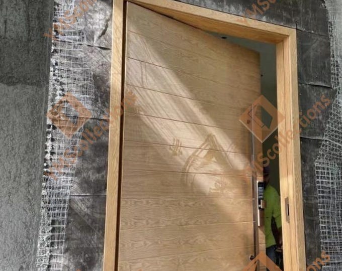 Custom Ash Oak Veneer Modern Front Door | Handmade Exterior Entry Door | Full Package with Hardware & Shipping Included