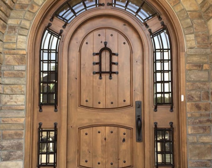 Custom Solid Oak Arched Front Door with Sidelights | Iron Rod Design Entry Door