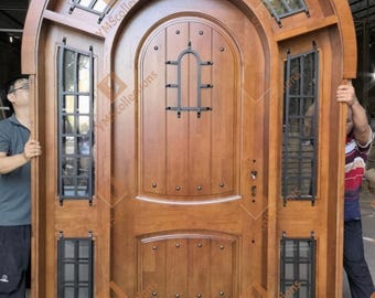 Custom Hand Made Single Entrance Door with arch transom and sidelights solid wood iron rod designs shipping included