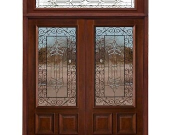 Custom Hand Made Double Entrance Exterior Door Solid Wood with Stained Cross Pattern Glass