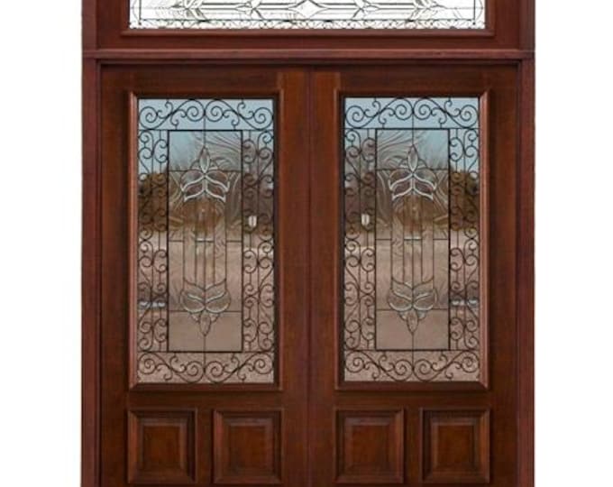 Custom Hand Made Double Entrance Exterior Door Solid Wood with Stained Cross Pattern Glass