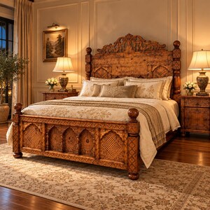 May include: A large wooden bed frame featuring intricate hand-carved details, arched panels, and decorative finials. The bed is dressed with a cream-colored comforter, matching pillows, and a textured throw blanket, flanked by two matching nightstands.