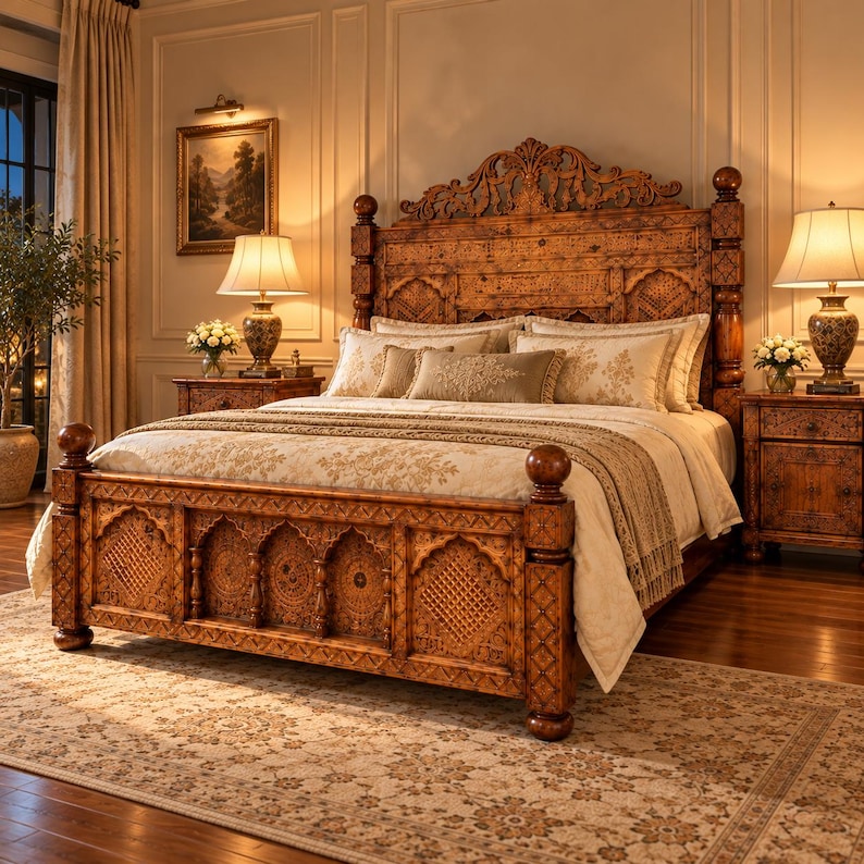 May include: A large wooden bed frame featuring intricate hand-carved details, arched panels, and decorative finials. The bed is dressed with a cream-colored comforter, matching pillows, and a textured throw blanket, flanked by two matching nightstands.