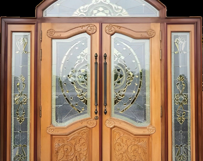 Custom Hand Made Double Entrance Door with Transoms and Sidelights Solid Wood