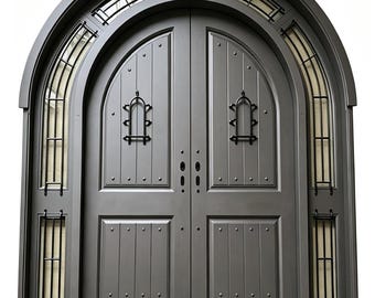 Puerta doble hecha a mano a medida con tragaluz y paneles laterales (envío + paquete completo incluido)