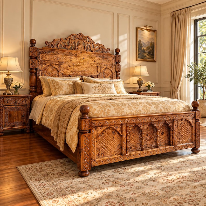 May include: A large wooden bed frame featuring intricate hand-carved patterns on the headboard and footboard. The bed is dressed with a cream-colored patterned duvet, matching pillows, and a textured throw blanket, flanked by two wooden nightstands.