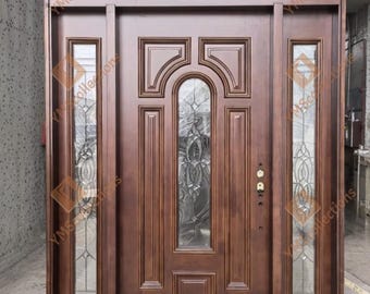 Custom Single Front Door with Transom and Sidelights | Solid Oak Exterior Door | Pre-Hung | DDP USA