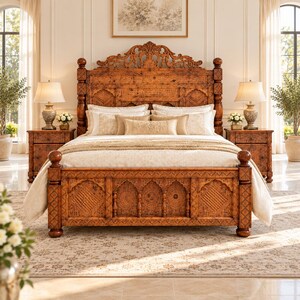 Set letto personalizzato intagliato a mano, letto in legno fatto a mano, comodino abbinato, mobili di lusso per la camera da letto, testiera intagliata artigianalmente, pacchetto completo