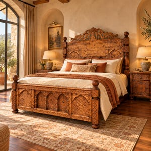 May include: A large wooden bed frame featuring intricate carved patterns on the headboard and footboard, with tall corner posts topped by spheres. The bed is dressed in white linens, a rust-colored throw blanket, and several decorative pillows.