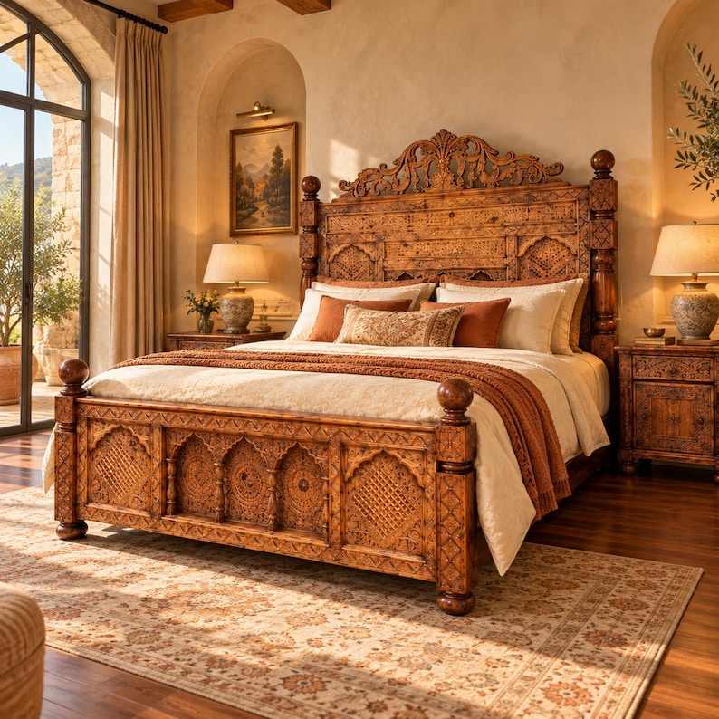 May include: A large wooden bed frame featuring intricate carved patterns on the headboard and footboard, with tall corner posts topped by spheres. The bed is dressed in white linens, a rust-colored throw blanket, and several decorative pillows.