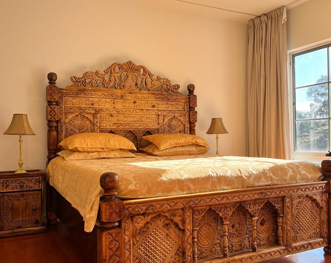 Custom Hand Carved Bed, Bed Frames, Side tables (Entire Package)