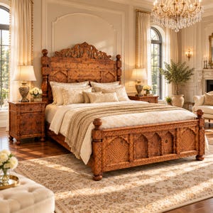 May include: A large wooden bed frame with intricate carvings on the headboard and footboard, featuring a light-colored mattress, multiple pillows, and a textured beige throw blanket, flanked by two matching wooden nightstands with lamps.