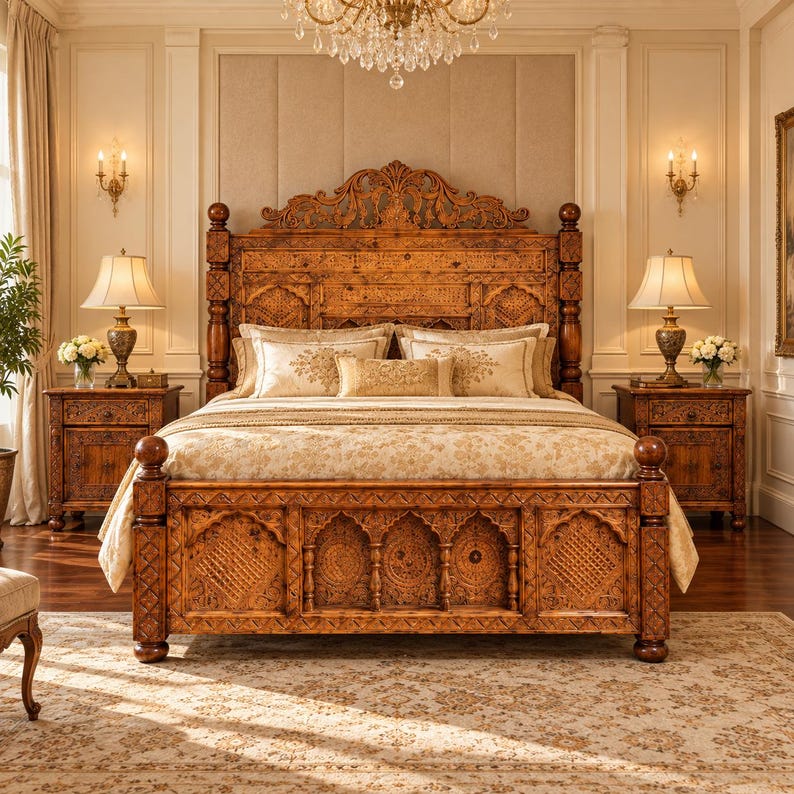 May include: A large wooden bed frame featuring intricate hand-carved details on the headboard and footboard, accompanied by two matching wooden nightstands, each topped with a cream-colored lamp and a small bouquet of white flowers.