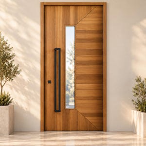 May include: A wooden door featuring a vertical rectangular glass panel and a long black rectangular handle. The door is constructed with a combination of vertical and horizontal wood planks, creating a geometric pattern with a frame.