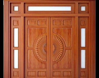 Custom Double Entry Door with Transom and Sidelights | Handmade Solid Wood | Pre-Hung | Ships to USA