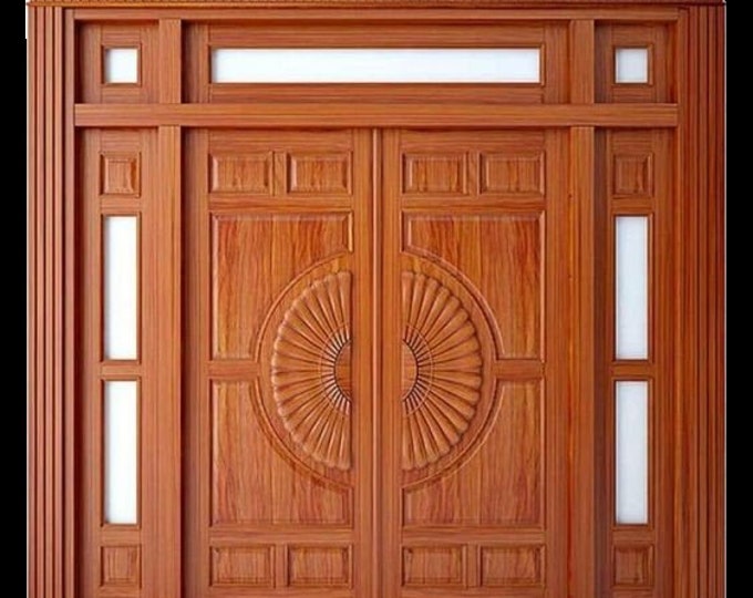Custom Hand Made Double Entrance Door Exterior with Sidelights and Transom Solid Wood