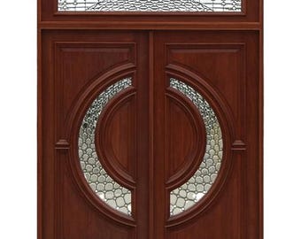 Custom Hand Made Double Entrance Exterior Door Solid Wood with Cross Pattern Glass