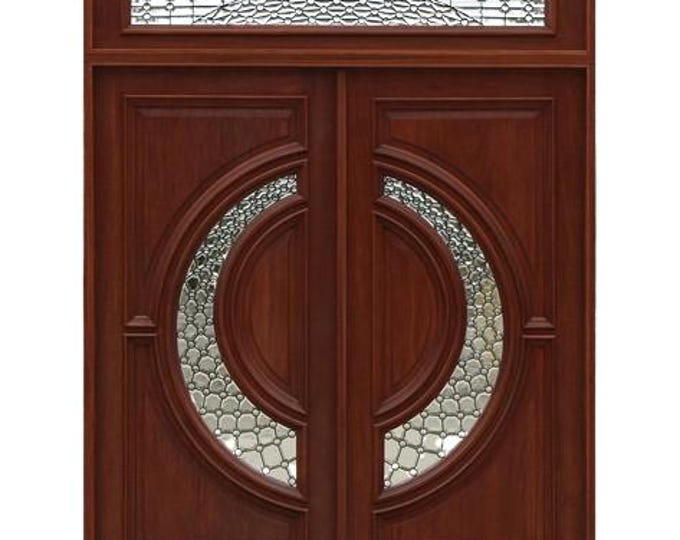 Custom Hand Made Double Entrance Exterior Door Solid Wood with Cross Pattern Glass