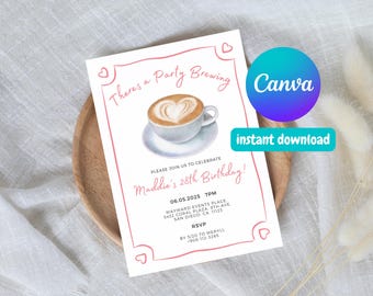 Invito di compleanno a tema caffè - Modello Canva per invito, festa del caffè, invito di compleanno con acquerello, caffè, brunch, compleanno per bambini, compleanno per ragazze