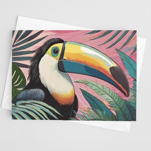 Biglietto d'auguri con tucano rosa - Dipinto a olio, colorato, cancelleria della Florida, tropicale, giungla, esotico, amante degli uccelli, dipinto strutturato, rosa femminile