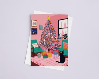 Cozy Nights Christmas Card Set - Pink Holiday Cards, Cute Xmas Cards, fauvism, Painted Christmas Cards, Cat, Winter, Girly, Pinkmas, Cute