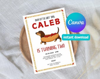 Editable Hot Dog Birthday Invitation - Canva Template Birthday Invite, Party Invite, BBQ, dachshund, funny hot dog, kids birthday, dog bday