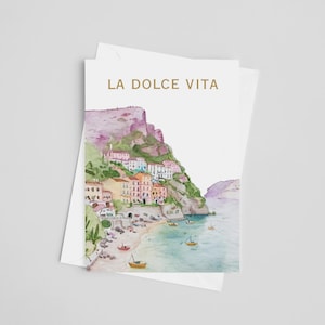 Tarjeta de felicitación "La Dolce Vita" - Costa Amalfitana, Arte en acuarela en Italia, Mediterráneo, Papelería para bodas de destino, Despedida de soltera, Buena vida