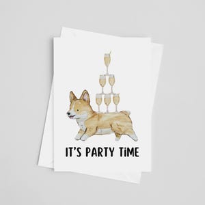 C'est la fête carte de voeux - chien corgi, maman chien, carte d'anniversaire, félicitations, aquarelle corgi, tour de flûte à champagne, carte d'anniversaire