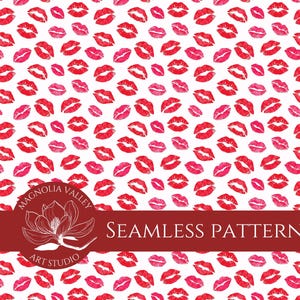 Op de afbeelding: Naadloos patroon met rode en roze lippenstiftkusafdrukken op een witte achtergrond. Het ontwerp bevat een herhalend patroon van verschillende lipafdrukken. De tekst "Seamless Pattern" wordt weergegeven op een bordeauxrode banner, met het Magnolia Valley Art Studio-logo.