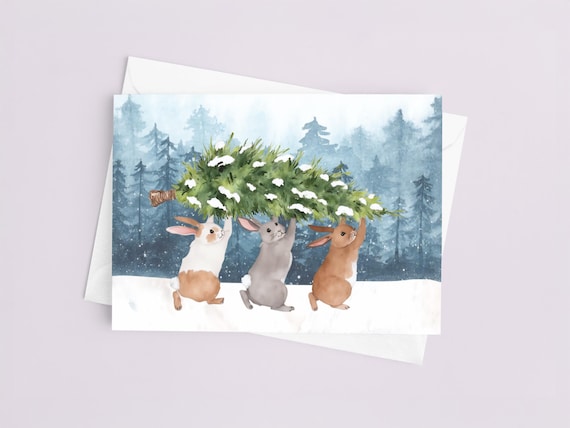 Snow Bunnies Christmas Card Set - Bunny Watercolor, Holiday Cards, Cute Xmas Cards, Painted Christmas Cards, Chinoiserie, Merry Christmas