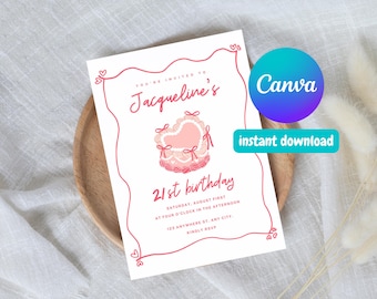 Editable Retro Birthday Invitation - Canva Template Invite, Pink, Coquette Birthday Invite, 21st Birthday, Vintage Birthday Cake Invite