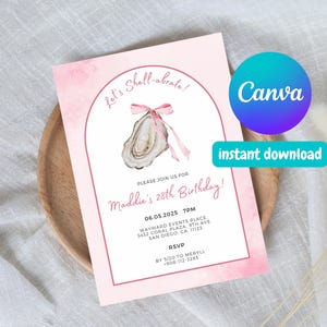 Editable Oyster Party Invitation - Canva Template Birthday Invite, Pink, Printable, Coastal, Dinner Party, Coquette, Ribbon Bow, Girly