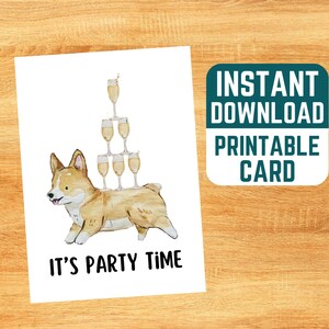 Carte d'anniversaire imprimable Champagne Corgi - Pawty Time, Cheers, Champagne Tower, téléchargement immédiat, chien, chiot, joyeux anniversaire, 21e anniversaire