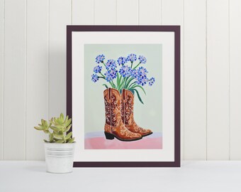 Impresión artística en acuarela con botas vaqueras de Bluebonnet: coqueta, arte mural femenino, botas vaqueras, decoración del oeste, botas vaqueras florales de Texas Bluebonnet