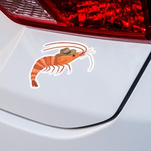 May include: A white car with a sticker of a shrimp wearing a cowboy hat.